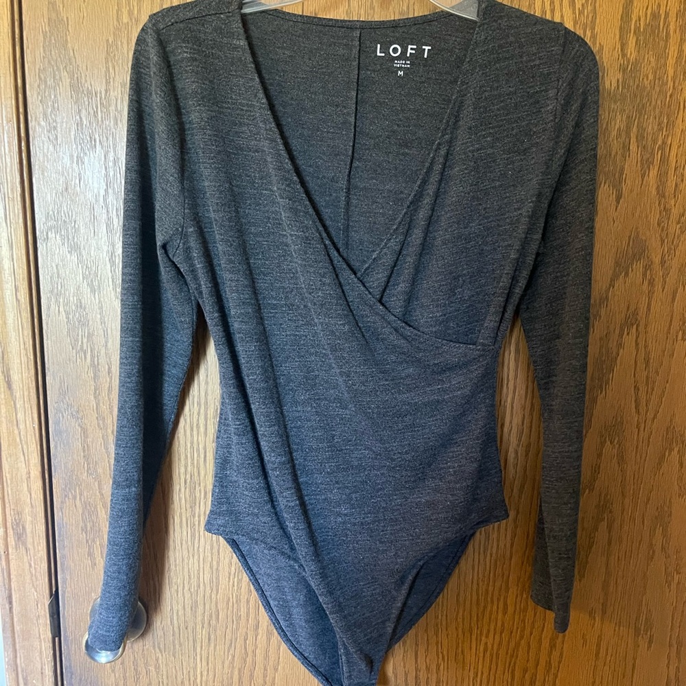 LOFT Gray Wrap V-Neck Bodysuit